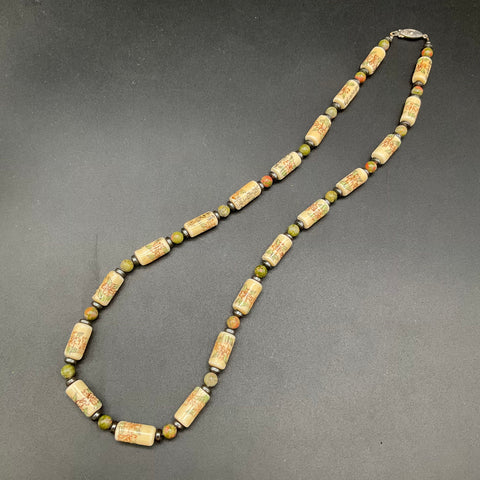 Vintage Chinese Export Style Hand Painted Porcelain & Unakite Necklace Set