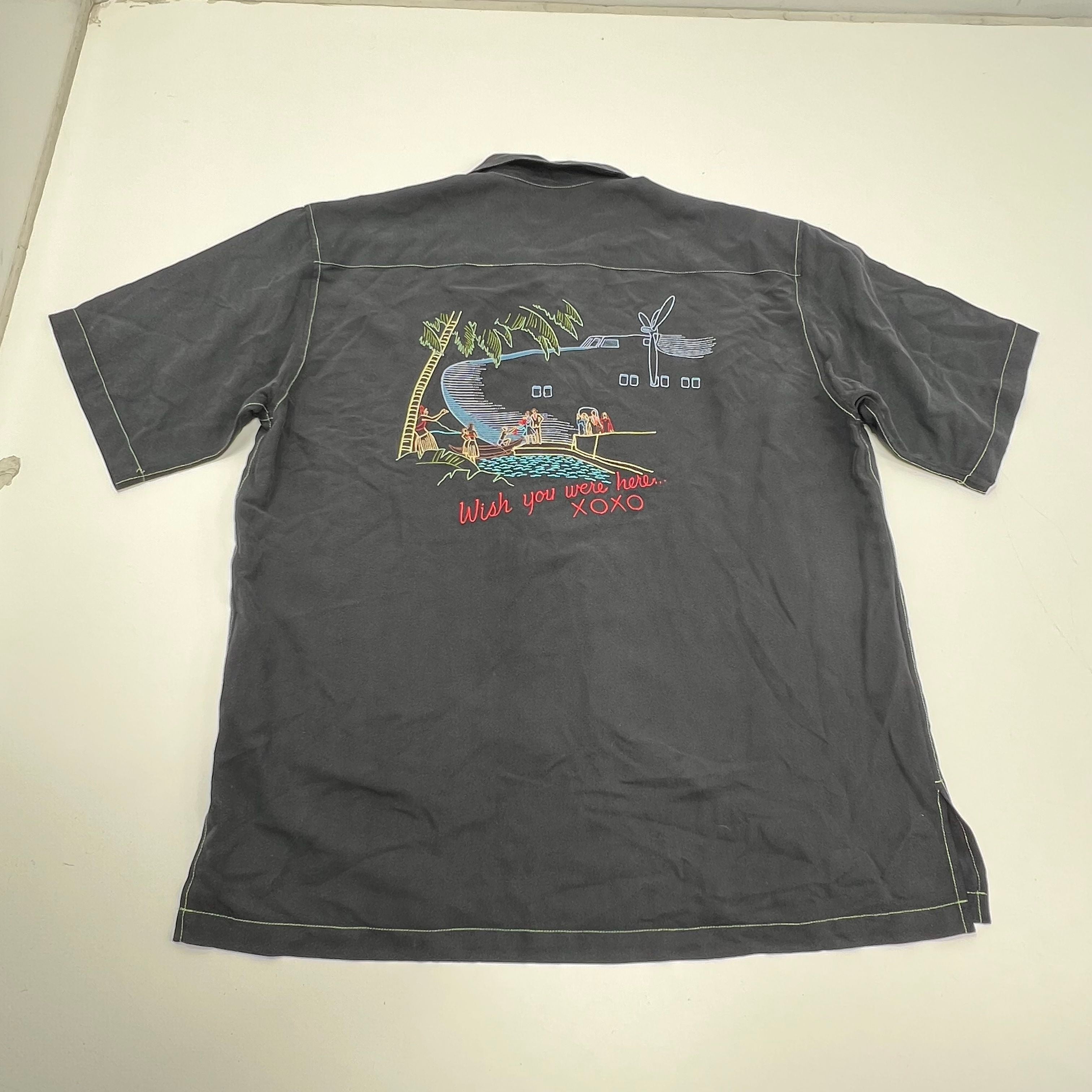 Tori Richard Silk Camp Shirt Embroidered Wish You Were Here Cruise Ship Sze L