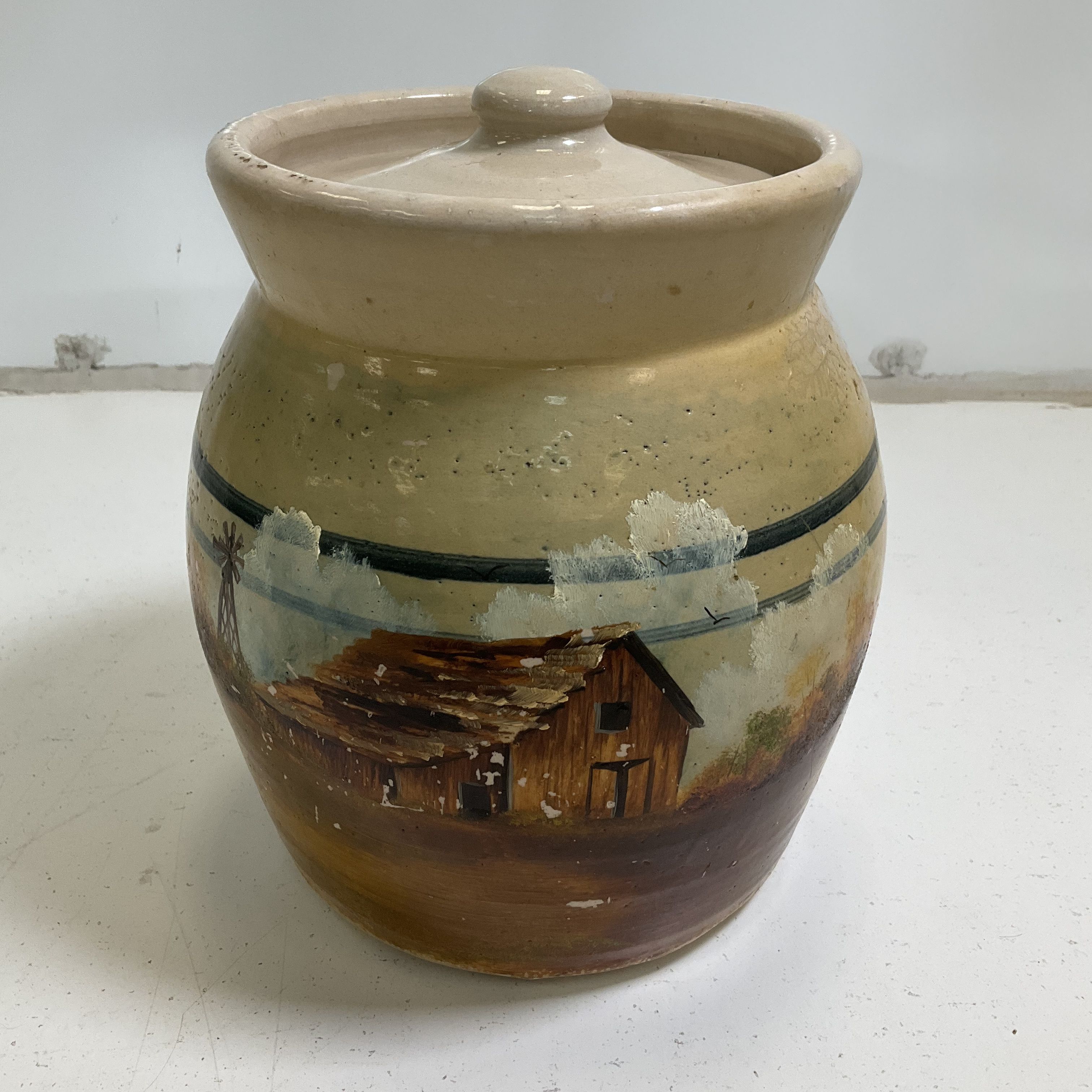 Vintage Signed Hatness Hand Painted Barn Canister Crock Jar 1987 9 Inch