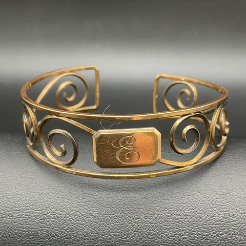 Vintage Krementz Gold Filled Cuff Bracelet Scroll Filigree Monogram E Engraved