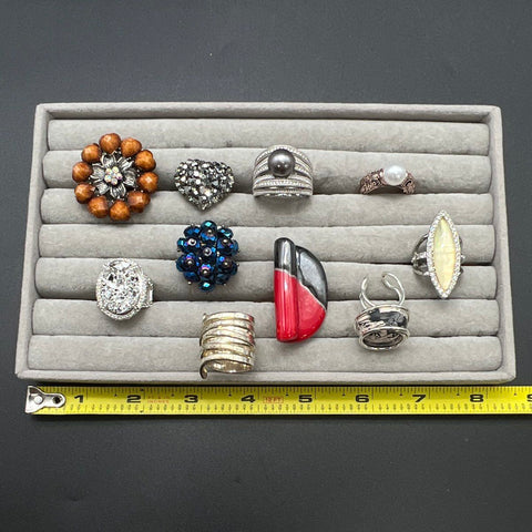 Fashion Statement Jewelry Lot 10 Rings Rhinestone Pearl Enameled Beaded Styles