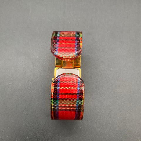Joan Rivers Classics Gold Tone Red Plaid Cuff Bracelet Watch New Battery