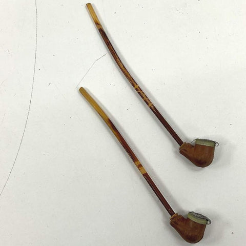 Vintage Lot of 2 Clay Tobacco Pipes Removable Bamboo Stems Lidded Bowls