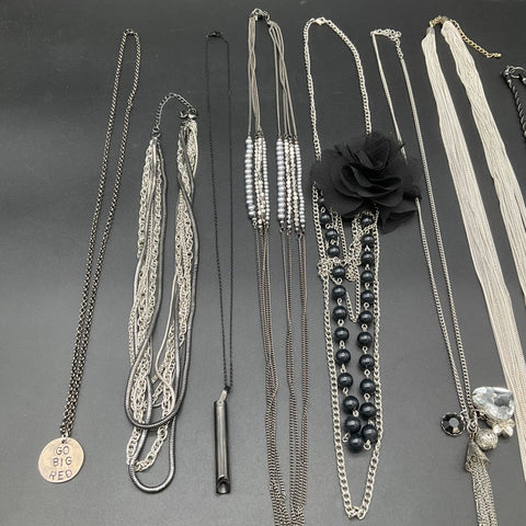 Fashion Costume Jewelry Lot of 8 Necklaces Silver Black Tone Flower Pearl Tassel