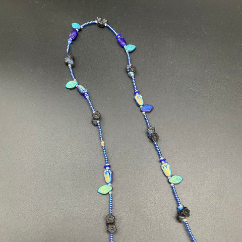 Handmade Blue Art Glass Seed Bead Necklace Floral Tulip Leaf Motif 34"