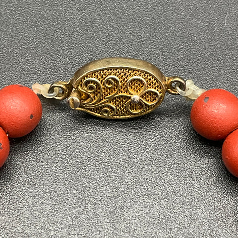 Vintage Faux Cinnabar Parure Set Necklace Carved Bangle Earrings Silver Clasp