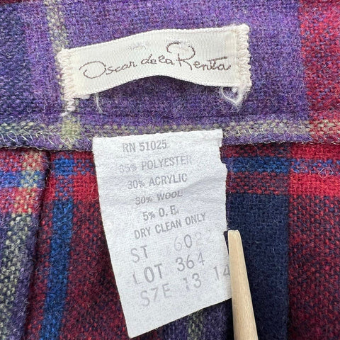 Vintage 80s Oscar De La Renta Purple Plaid Wool Blend Pleated Skirt Womens 13/14