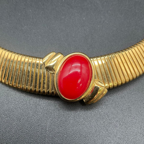 Vintage Monet Gold Tone Red Cabochon Collar Choker Necklace Signed