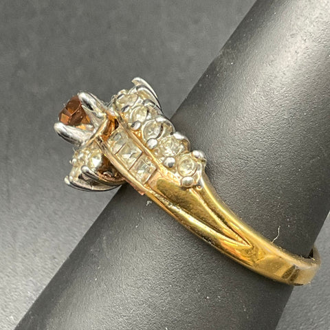 Vintage 18K Gold Filled Brown & Clear Faceted Stone Bypass Style Ring Size 7.75