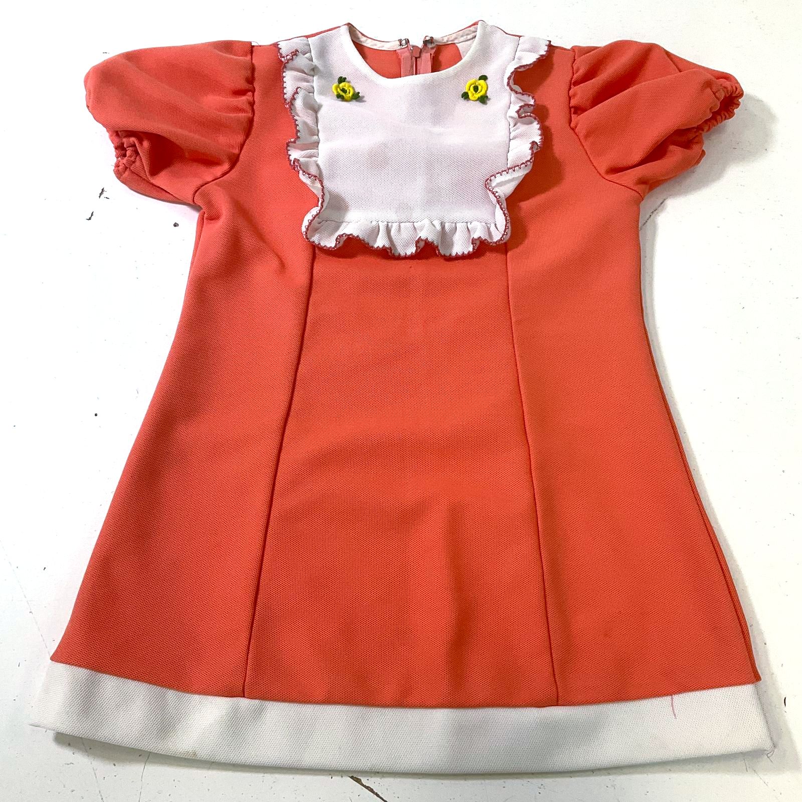 Vintage Girl's Orange Puff Sleeve Polyester Dress White Ruffle Trim Sz 28 Chest