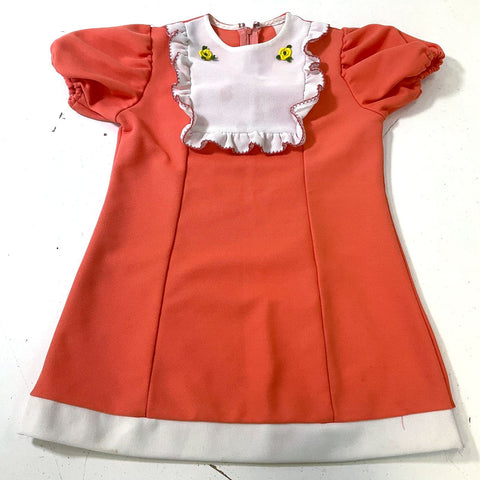 Vintage Girl's Orange Puff Sleeve Polyester Dress White Ruffle Trim Sz 28 Chest