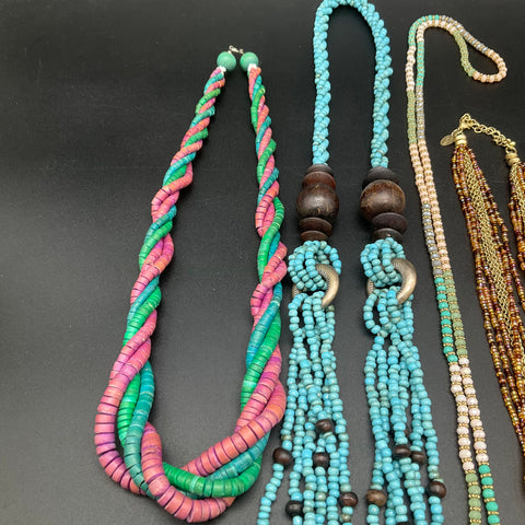 Vintage Boho Statement Beaded Necklace Lot 8 Pc Tiger's Eye Tassel Turquoise