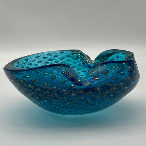 Art Glass Bowl Bullicante Controlled Bubble Blue Gold Aventurine 7 Inch Vintage