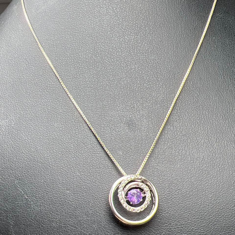 Sterling Silver Circle Purple & Clear Stone Pendant Necklace 4.3g