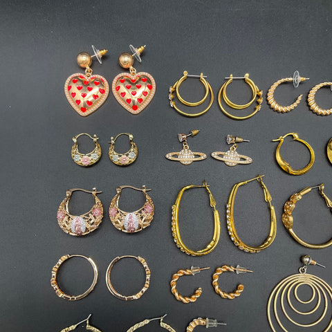 Vintage Modern Gold Tone Earrings Jewelry Lot 40 Pairs Hoops Studs Faux Pearl