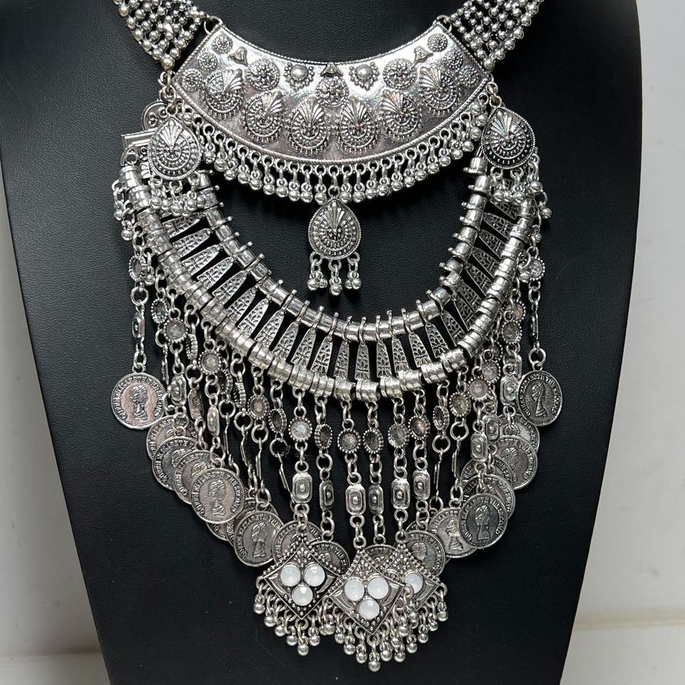 2 Silver tone Chain Faux Coin Bib Necklaces