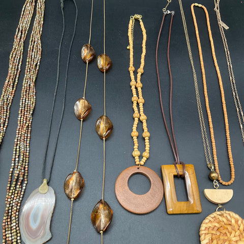 Boho Statement Jewelry Lot of 11 Necklaces Wood Agate Wicker Copper Tone Earthy