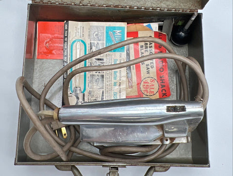 Vintage Powr-Kraft Electric Saber Saw Jigsaw Set with Metal Case & Blades