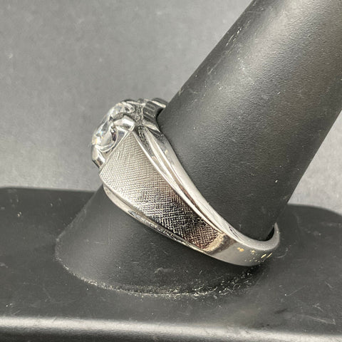 Lind Silver Tone Round Cut Clear Stone Ring Textured Shoulders Size 11
