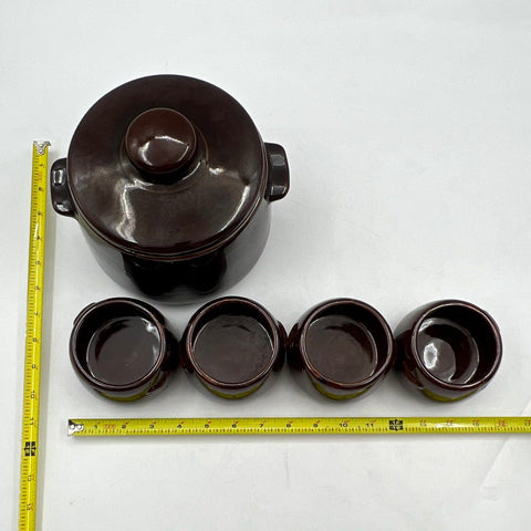 West Bend Brown Glazed Ceramic Bean Pot Set with 4 Bowls 6 Piece Vintage