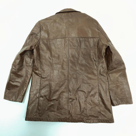 Vintage 70s Men's Brown Leather Button Front Car Coat Jacket Size 40