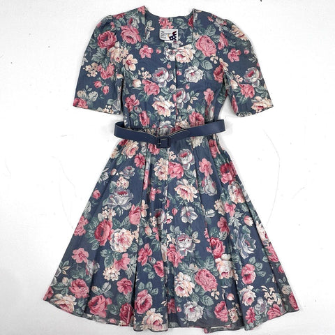 Vintage 80s The American Shirt Dress Floral Cotton Belted Midi Sz 12 USA