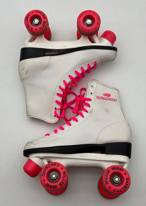 Vintage 80s Roller Derby White Pink Quad Roller Skates Women's Size 5