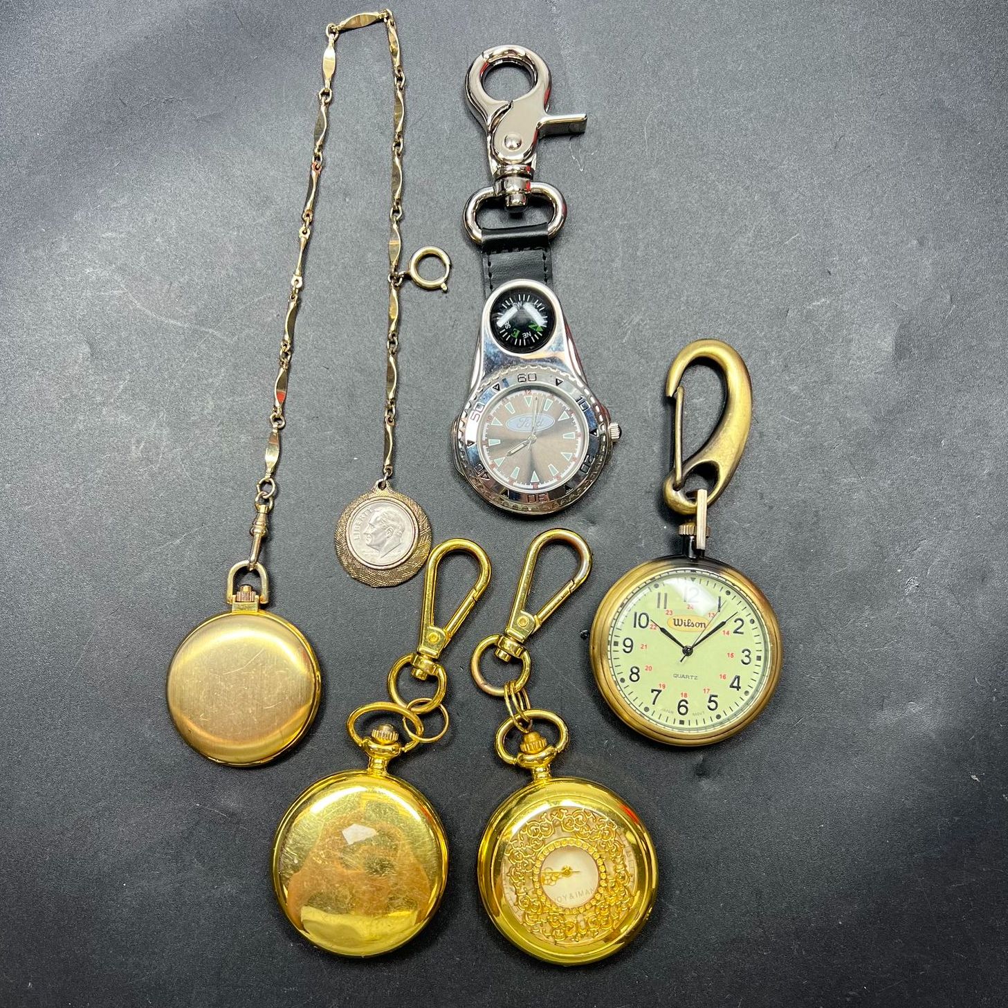 Lot of 5 Pocket Watches Clips Gold Tone Styles Vary UNTESTED