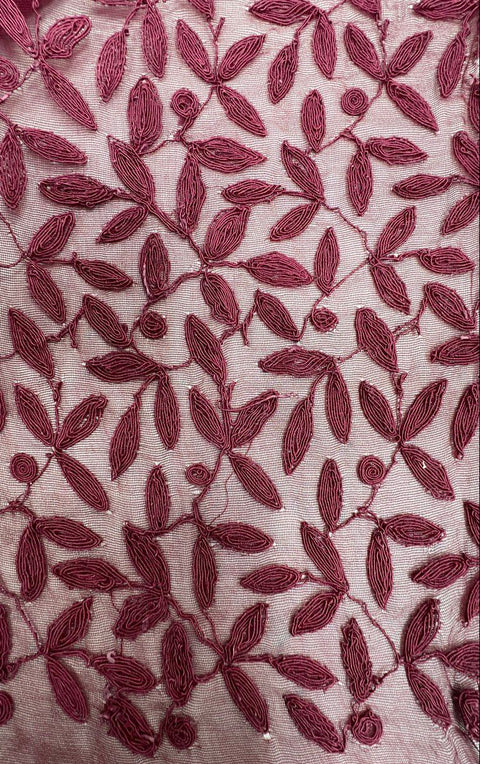Vintage Burgundy Sheer Mesh Soutache Leaf Embroidered Fabric 186" x 40" 5 Yds