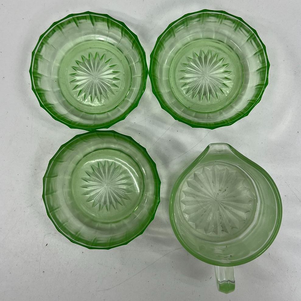 Jeannette Anniversary Green Depression Glass 4pc Lot Creamer & Bowls Vintage