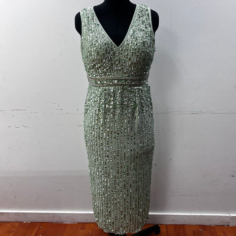 Mac Duggal Women's Sage Green Sequin Embellished Sleeveless V-Neck Dress Sz 6