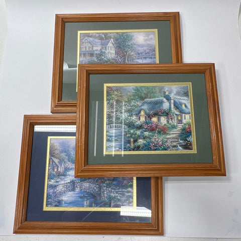 Set 3 Unsigned Cottage Landscape Prints 16x13 Kinkade Style Framed