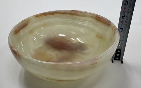 Natural Banded Onyx Decorative Bowl Cream Green Brown Hand Carved 8 Inch