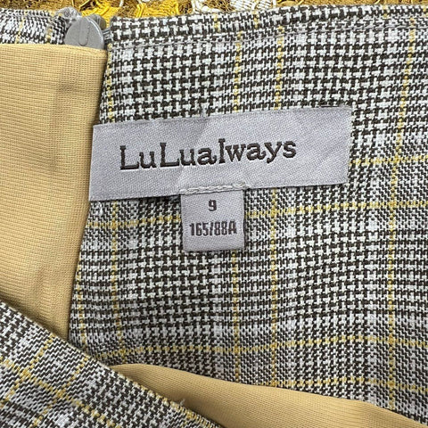 LuLualways Yellow Brown Plaid Lace Ruffle Asymmetrical Dress Women's Size 9