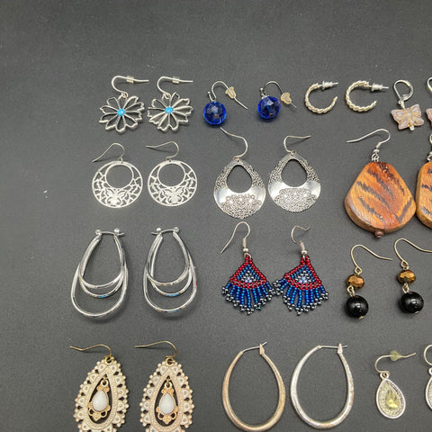 Vintage and Modern Fashion Jewelry Earring Lot of 28 Pairs Hoops Studs Dangles