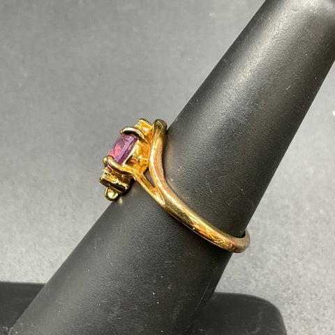 Vintage Gold Plated Amethyst Bypass Ring Clear Accent Stones Size 7