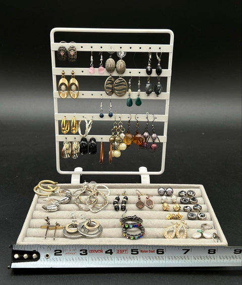 Mixed Costume Jewelry Earring Lot of 30 Pairs Hoops Dangles Studs Gold Silver