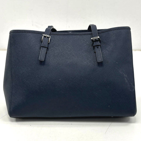 Michael Kors Navy Blue Saffiano Leather Jet Set Travel Tote Bag Silver Hardware