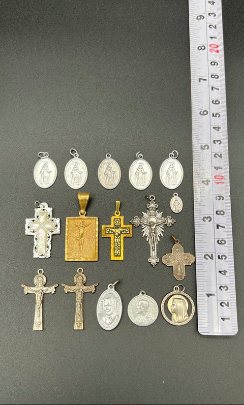 Vintage Religious Jewelry Lot of 16 Pendants Cross Crucifix Miraculous Medals