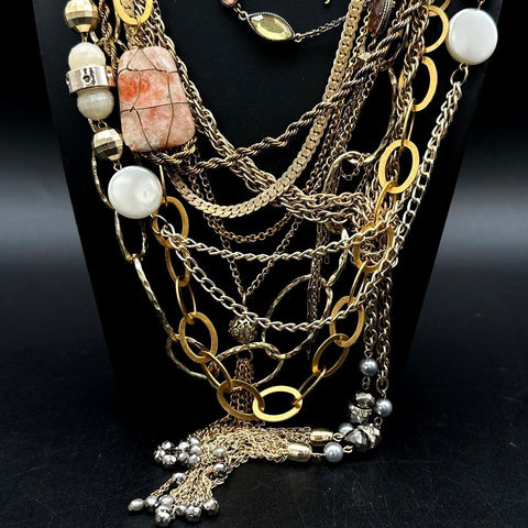 Vintage to Modern Costume Jewelry Necklace Lot Gold Tone Pendants Beaded 15+ Pc