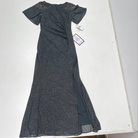 SLNY Women's Gray Glitter Gown Dress Beaded Flutter Sleeve Side Slit Size 6 NWT