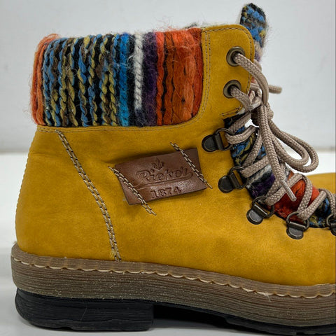Rieker Felicitas Z6743 Mustard Yellow Multi Knit Ankle Boots Women's Size 37