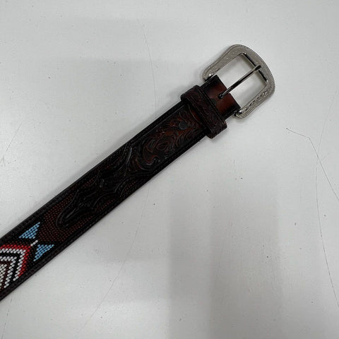 3D Belt Co Brown Hand Tooled Leather Beaded Western Belt Silver Buckle Sz 38