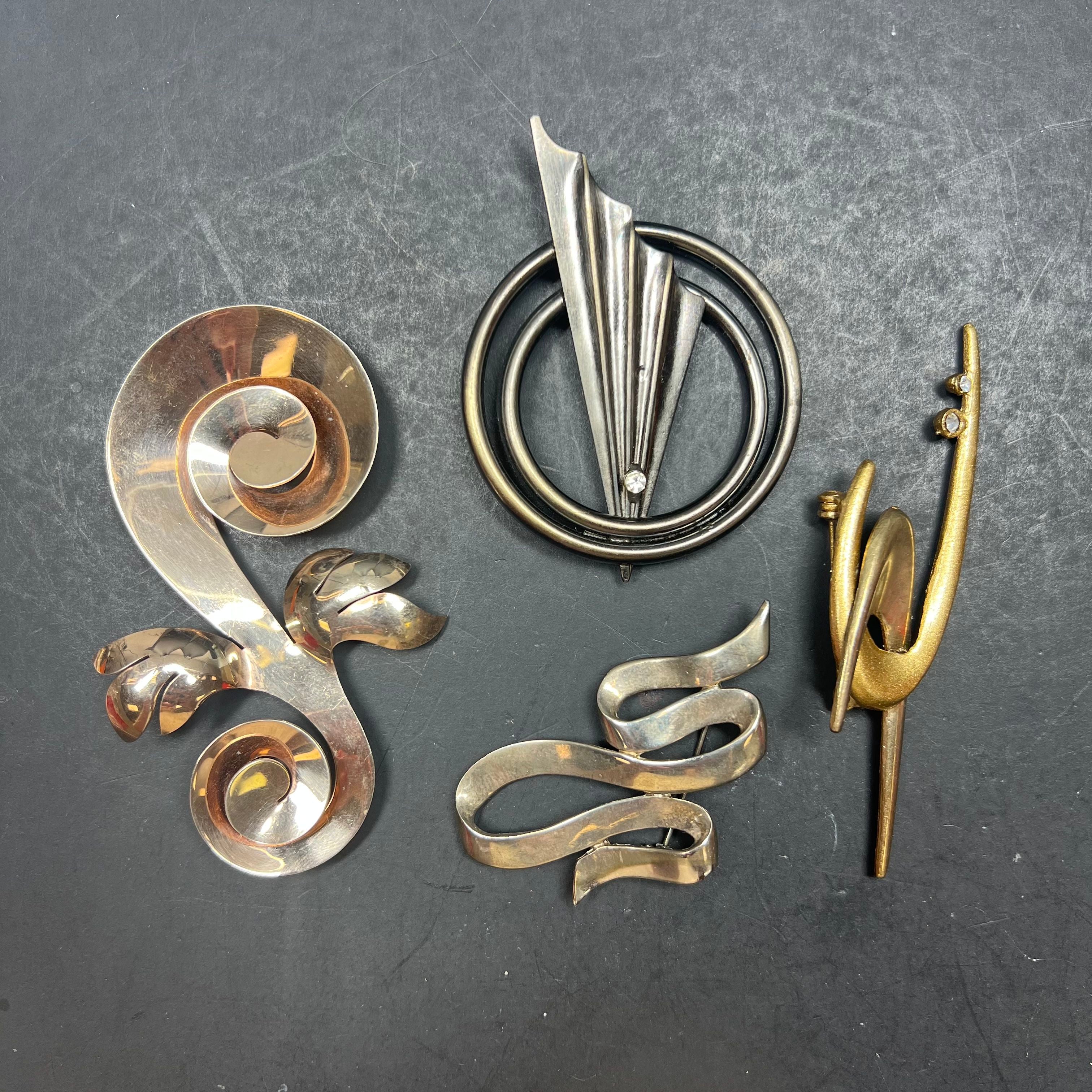 Vintage Modernist Brooches Lot of 4 Some Signed Silver Gold Tone