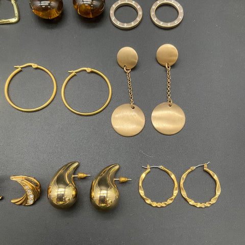 Vintage Gold Tone Fashion Earring Lot 18 Pairs Hoops Dangles Studs Rhinestones