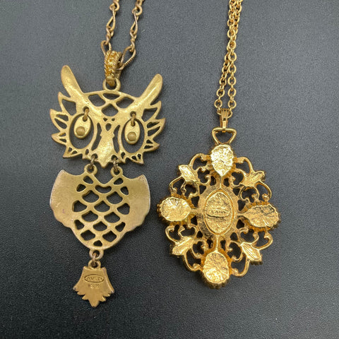 Vintage Avon Costume Jewelry Lot 7 Pieces Cameo Owl Brooches Necklaces Gold Tone