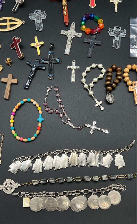 Religious Jewelry Lot Catholic Christian Crosses Rosaries Charm Bracelets Pins