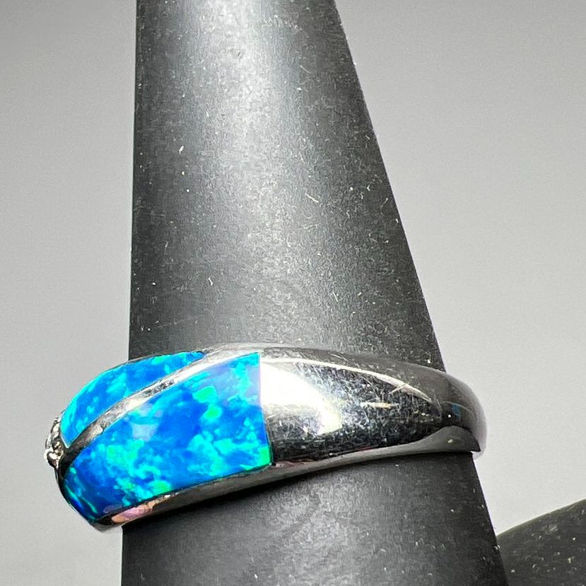 925 Sterling Silver Blue Opal Inlay Ring Size 9 4.72g