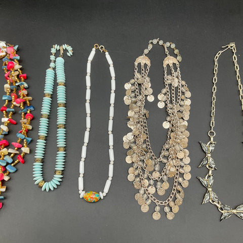 Vintage Costume Jewelry Lot 7 Necklaces Faux Pearl Beaded Coin Butterfly