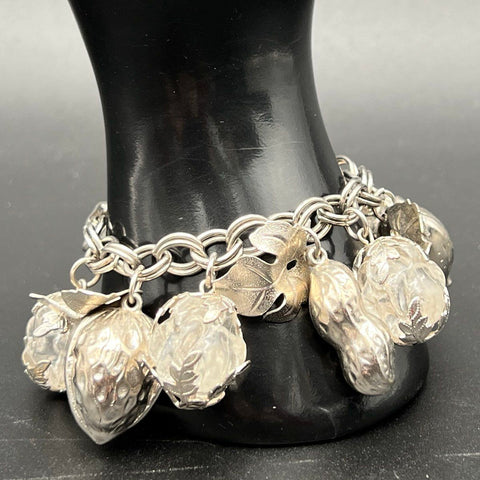 Vintage Chunky Silver Tone Charm Bracelet Lucite Ice Cube Leaf Nut Baubles